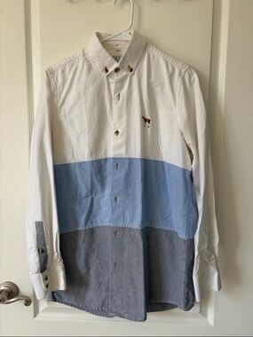 Men's Colorblock Button-Down Shirt in White, Light Blue & Gray